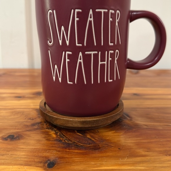 Rae Dunn Maroon SWEATER WEATHER Mug w/ Wood Fall Maple Leaf Coaster - Picture 4 of 7